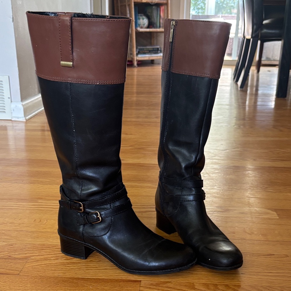 Vintage Bandolino Genuine Leather Black and Brown Knee-High Riding Boots size 9